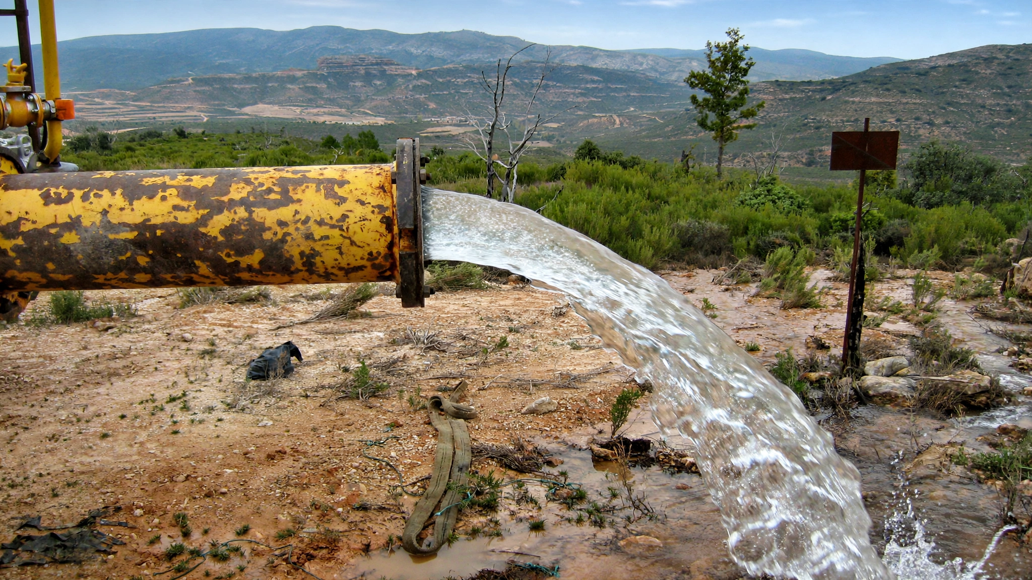 Tubería de un sondeo expulsando agua subterránea en un paisaje de monte